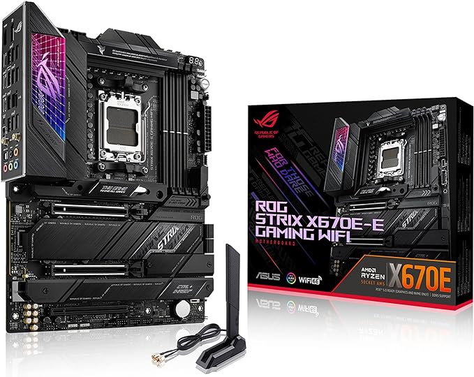 ASUS ROG Strix X670E-E Gaming Socket AM5(LGA 1718) Ryzen 7000 ATX Gaming Motherboard(18+2 Power Stages,PCIe® 5.0, DDR,4xM.2 Slots,USB 3.2 Gen 2x2, WiFi 6E,PCIe Slot Q-Release, M.2 Q-Latch) ASUS ROG Strix X670E-E Gaming Socket AM5(LGA 1718) Ryzen 7000 ATX Gaming Motherboard(18+2 Power Stages,PCIe® 5.0, DDR,4xM.2 Slots,USB 3.2 Gen 2x2, WiFi 6E,PCIe Slot Q-Release, M.2 Q-Latch)